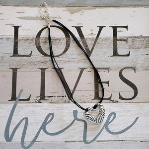 Silver Stipe Heart Black Cord Necklace